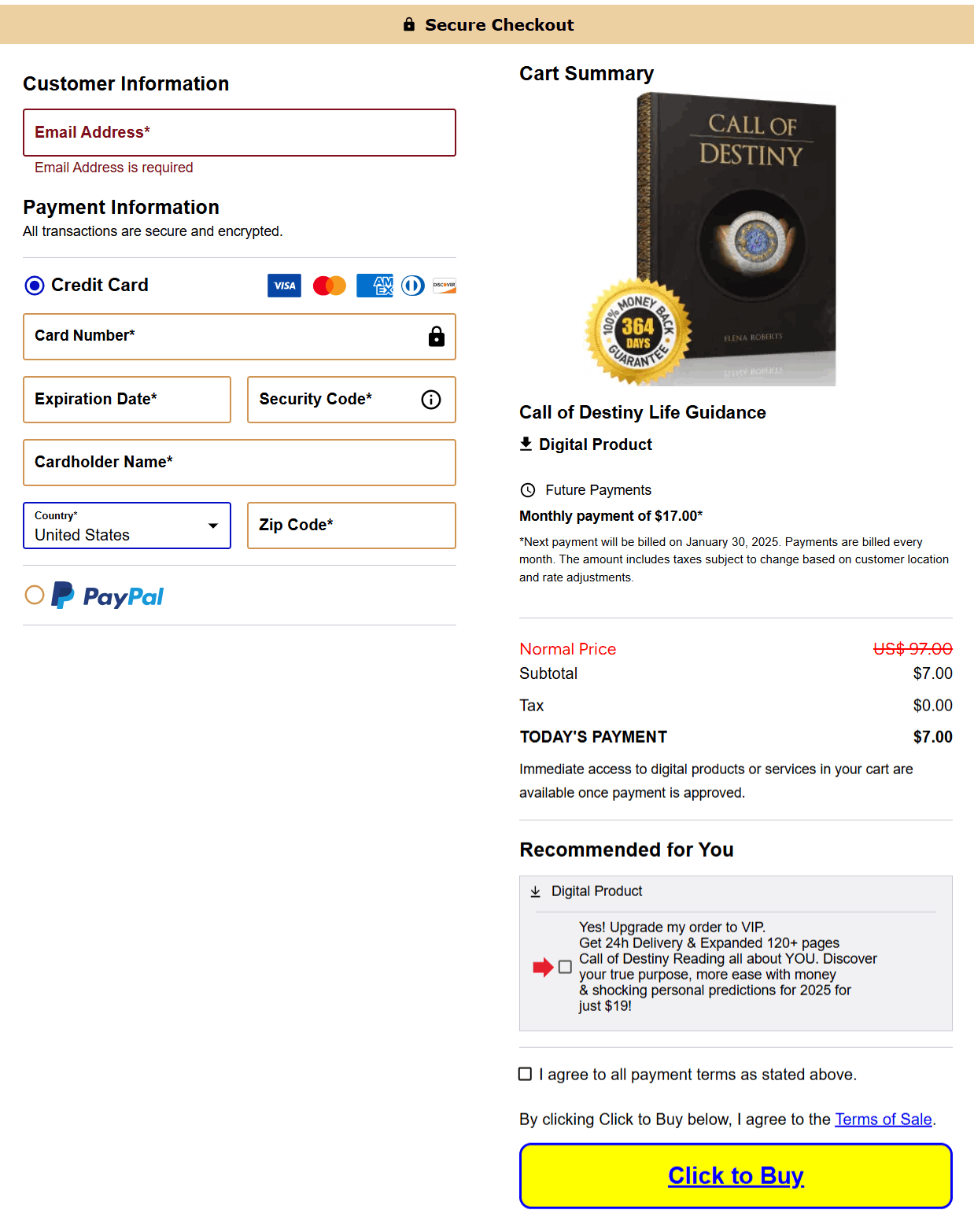 Call of destiny order page
